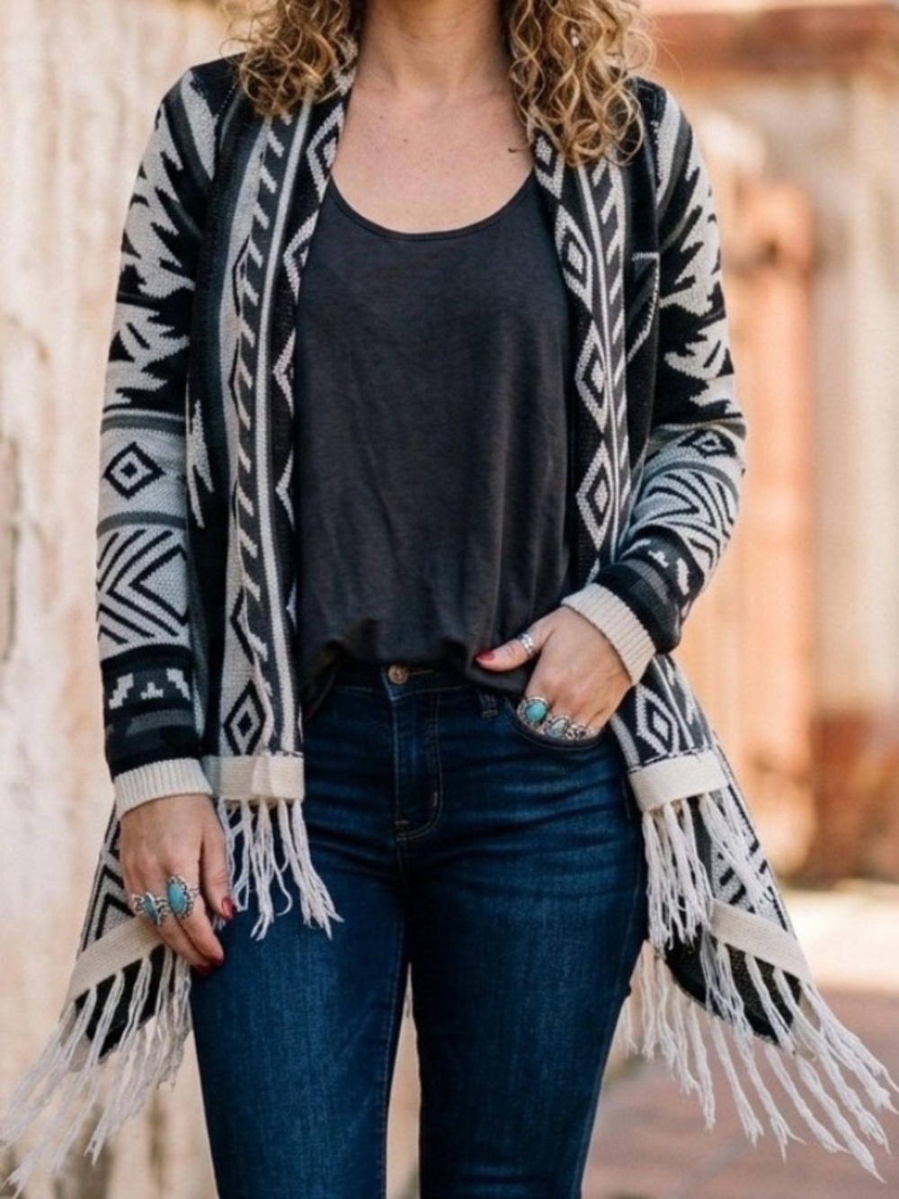 Southwestern Boho Fringe Cardigan Sweater Medium Western Festival Granolachic